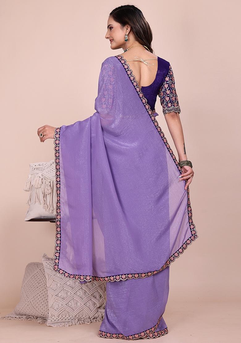 Purple Embroidered Tissue Crush Saree Set