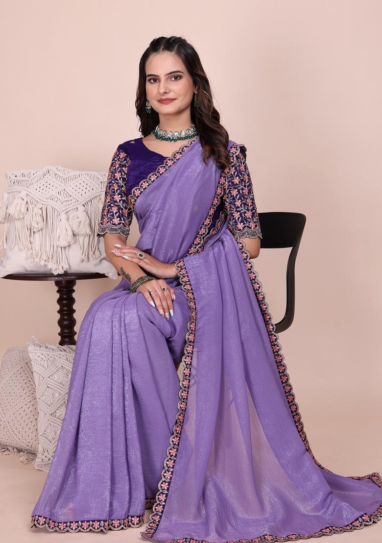 Purple Embroidered Tissue Crush Saree Set