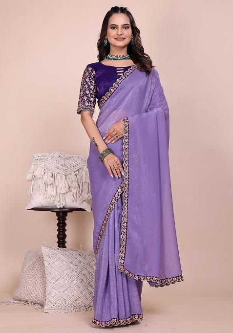 Purple Embroidered Tissue Crush Saree Set