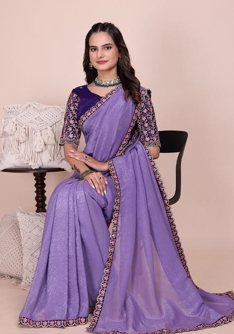 Purple Embroidered Tissue Crush Saree Set