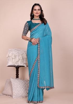 Dusty Sky Embroidered Tissue Crush Saree Set