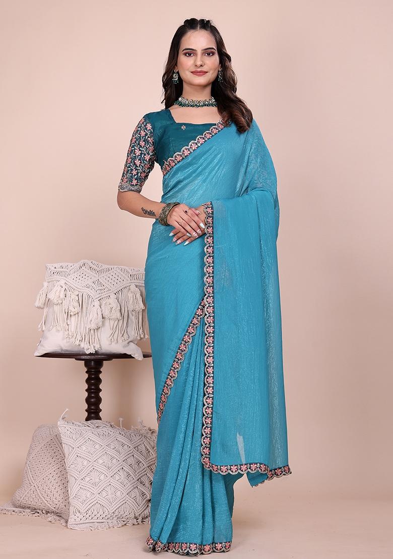 Dusty Sky Embroidered Tissue Crush Saree Set