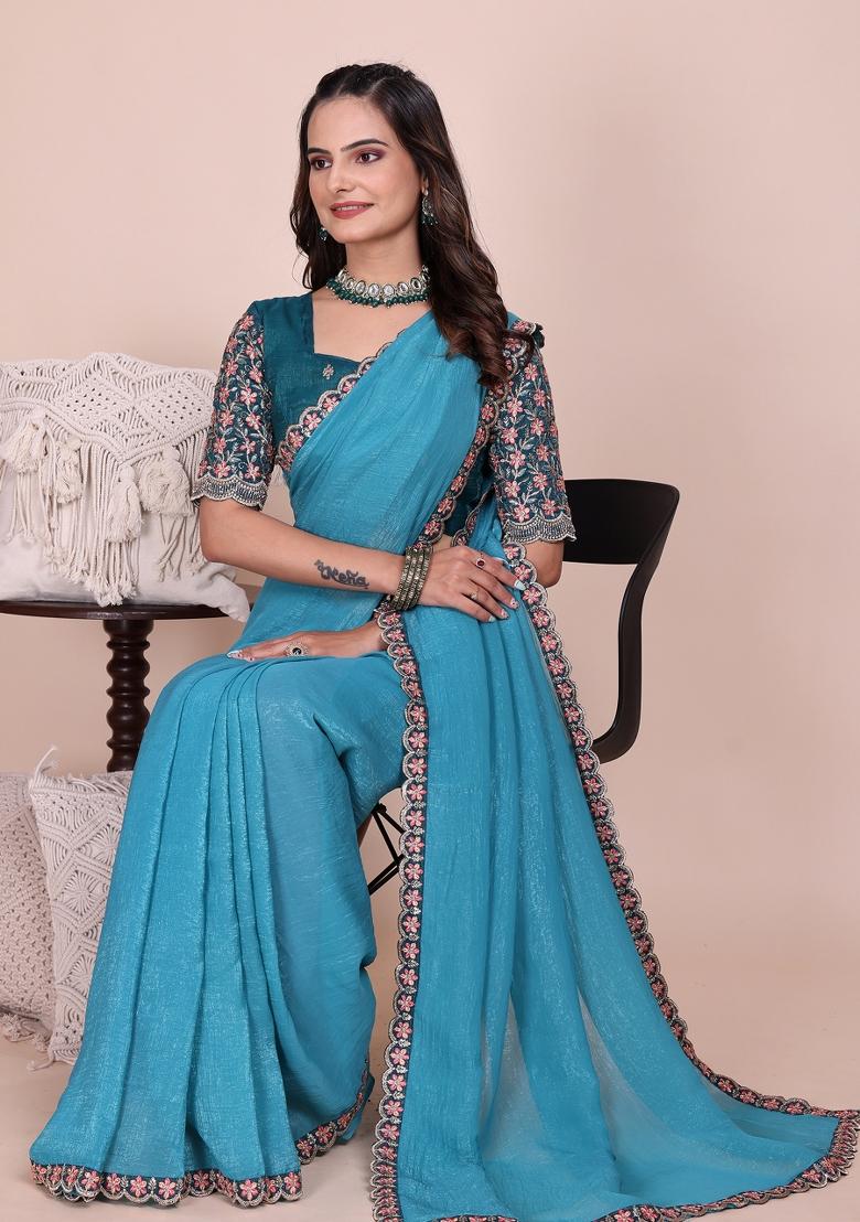 Dusty Sky Embroidered Tissue Crush Saree Set