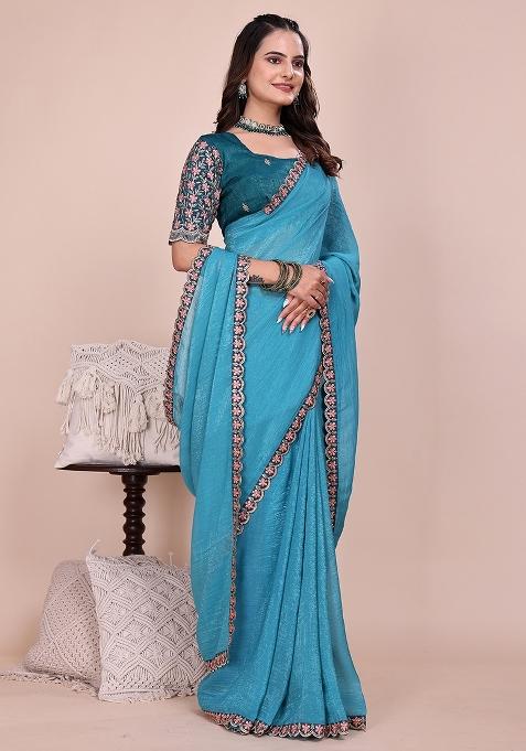 Dusty Sky Embroidered Tissue Crush Saree Set