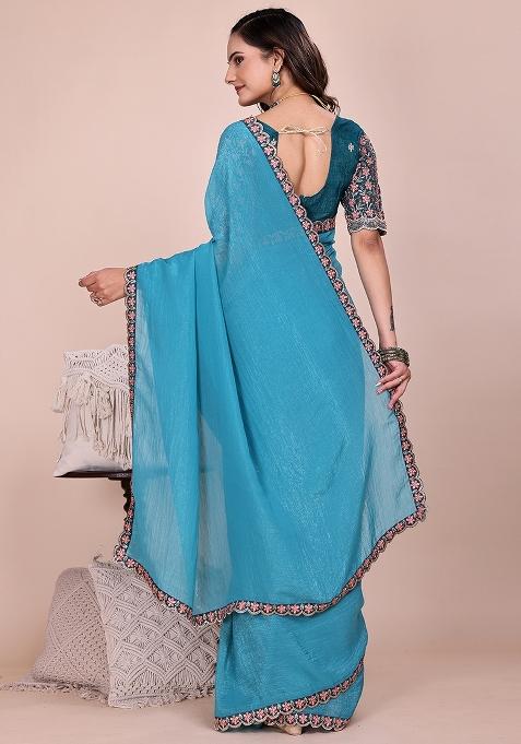 Dusty Sky Embroidered Tissue Crush Saree Set