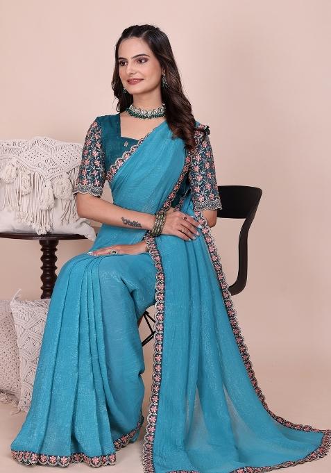 Dusty Sky Embroidered Tissue Crush Saree Set