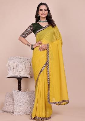 Dusty Yellow Embroidered Tissue Crush Saree Set