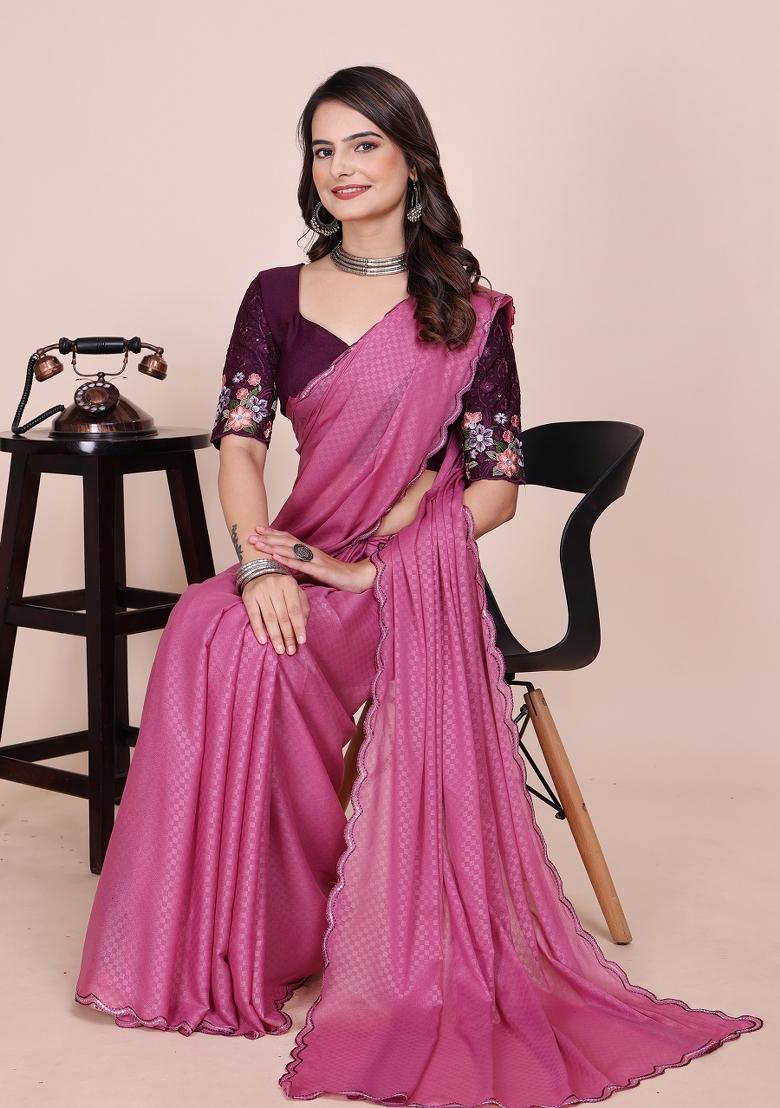 Dusty Pink Embroidered Georgette Saree Set