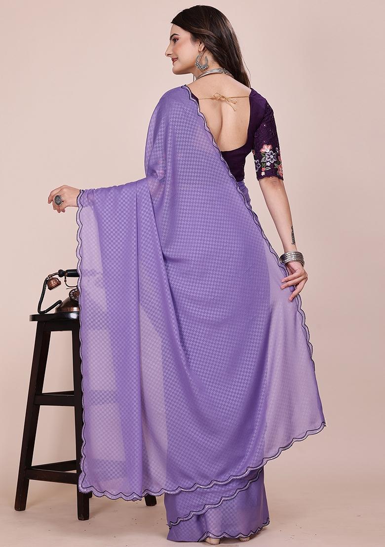 Purple Embroidered Georgette Saree Set