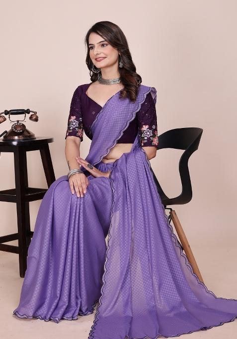 Purple Embroidered Georgette Saree Set