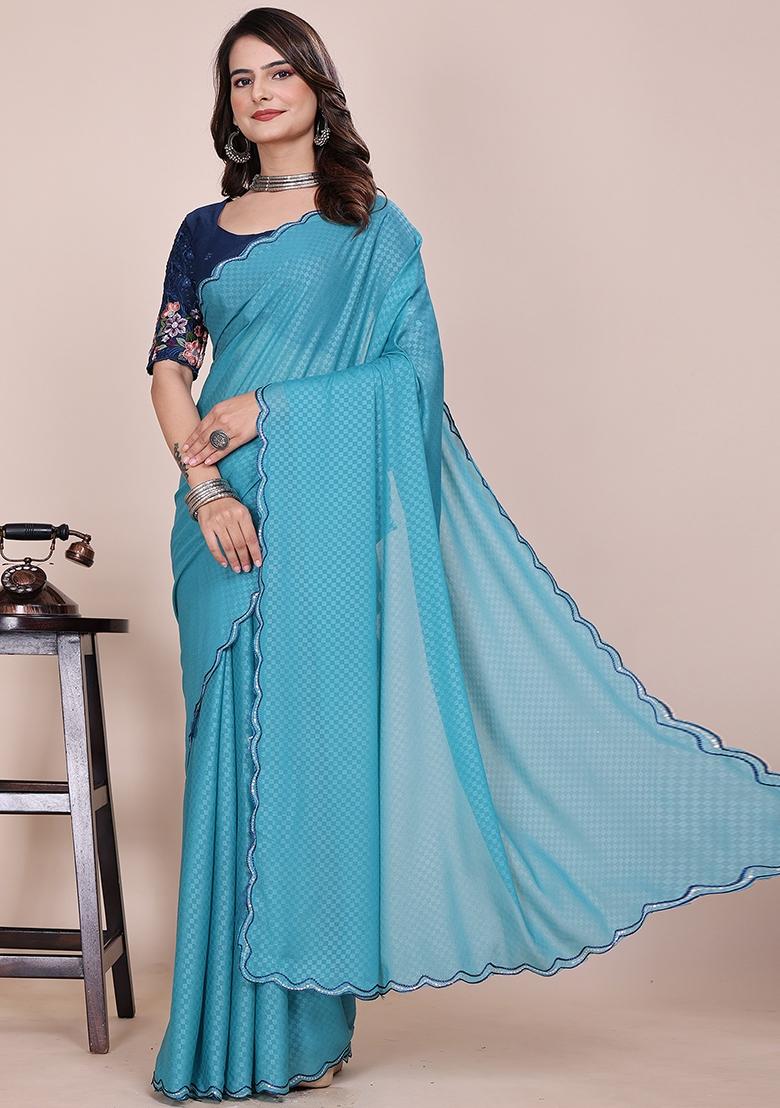 Dusty Sky Embroidered Georgette Saree Set - Indya