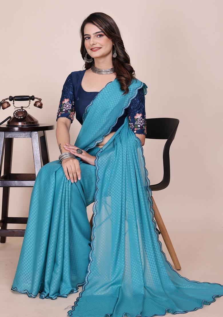 Dusty Sky Embroidered Georgette Saree Set - Indya