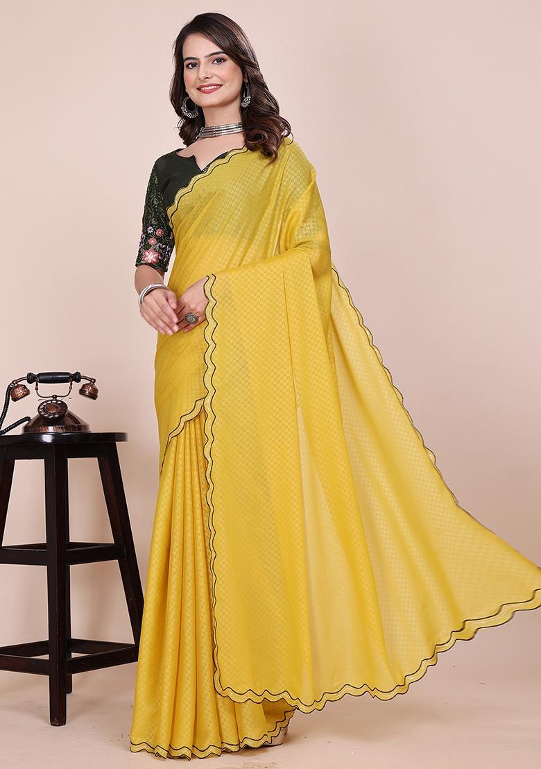 Dusty Yellow Embroidered Georgette Saree Set - Indya