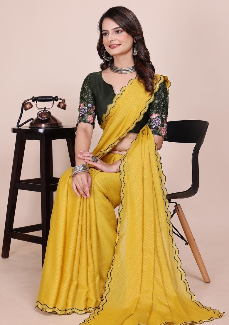 Dusty Yellow Embroidered Georgette Saree Set - Indya