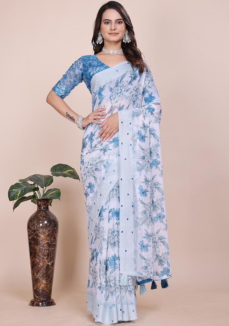Blue Embroidered Georgette Saree Set
