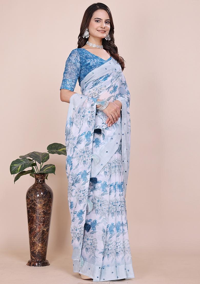 Blue Embroidered Georgette Saree Set