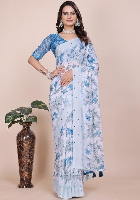 Blue Embroidered Georgette Saree Set