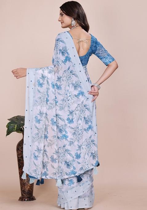 Blue Embroidered Georgette Saree Set