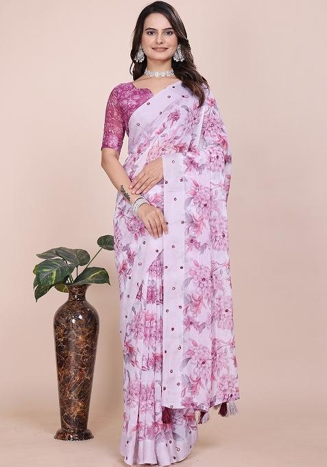 Pink Embroidered Georgette Saree Set