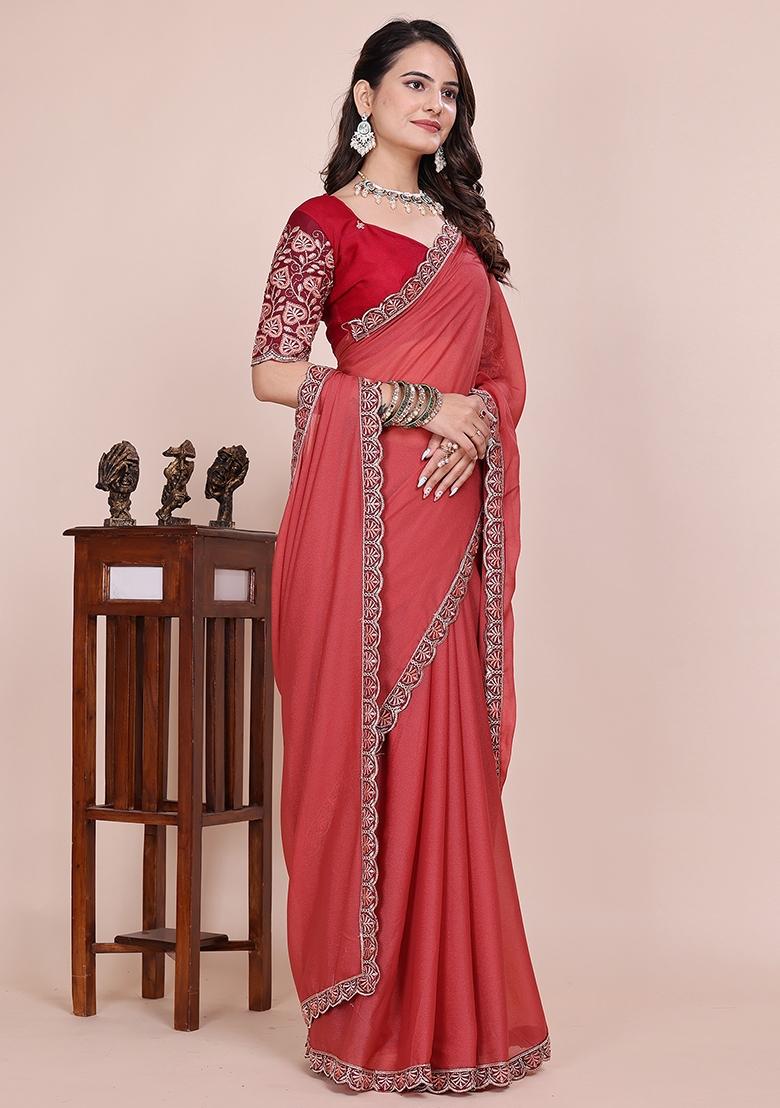 Dusty Gajri Embroidered Georgette Saree Set - Indya