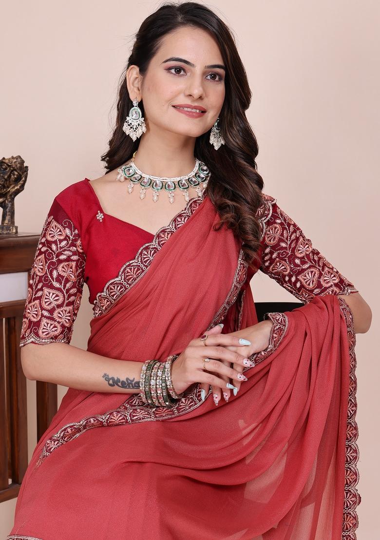 Dusty Gajri Embroidered Georgette Saree Set - Indya