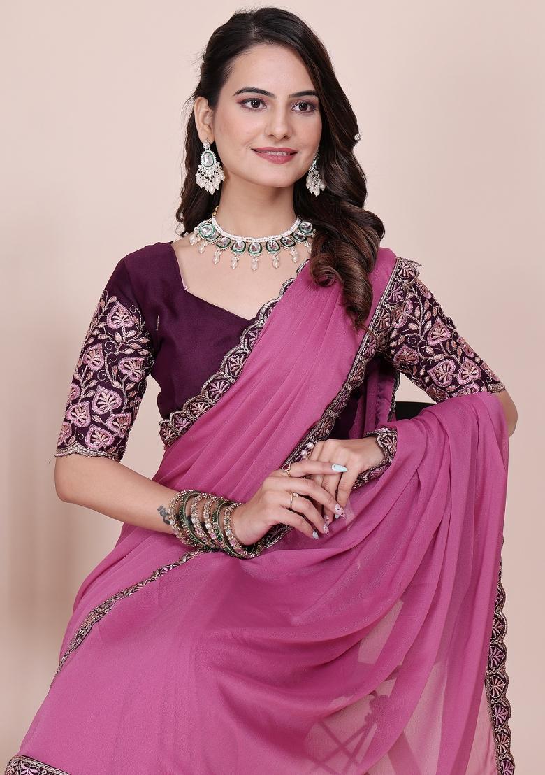 Dusty Pink Embroidered Georgette Saree Set