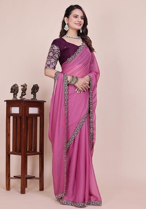 Dusty Pink Embroidered Georgette Saree Set