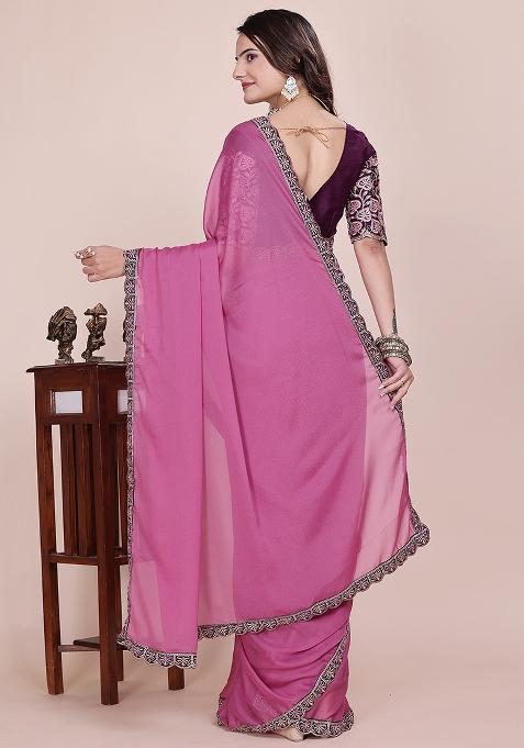 Dusty Pink Embroidered Georgette Saree Set