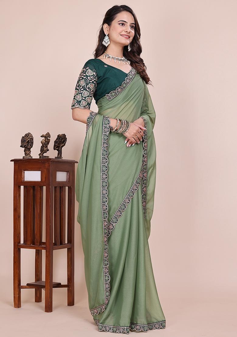 Dusty Pista Embroidered Georgette Saree Set - Indya