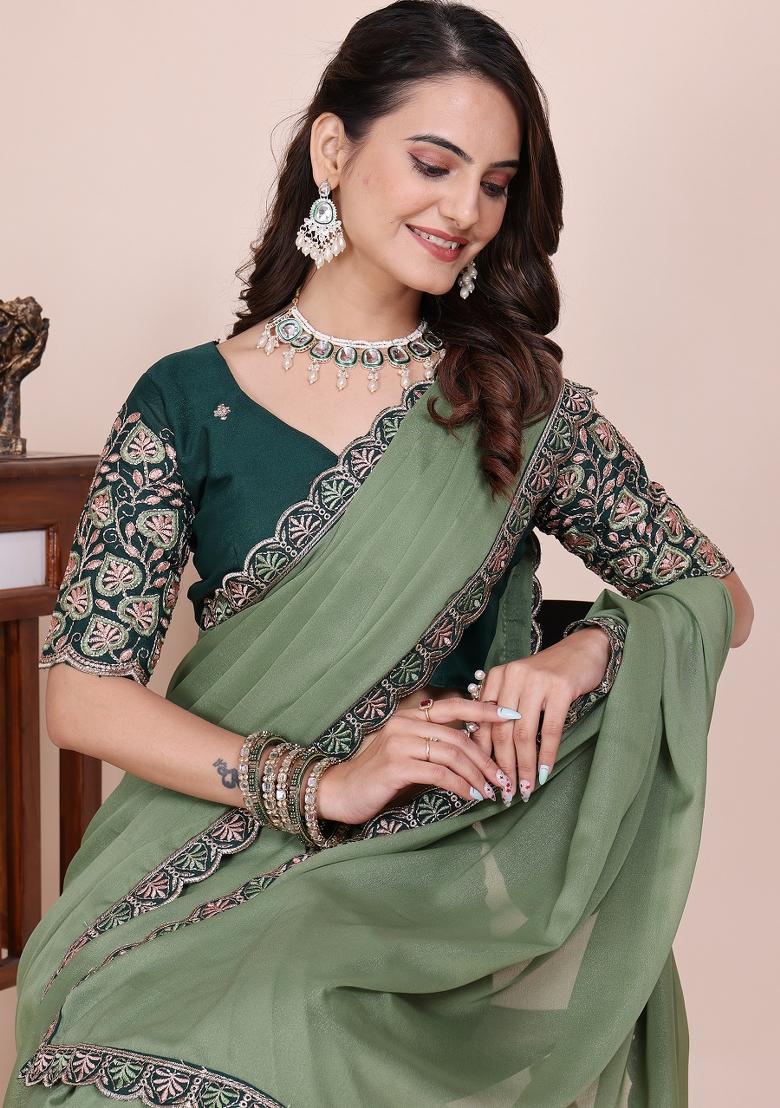 Dusty Pista Embroidered Georgette Saree Set - Indya
