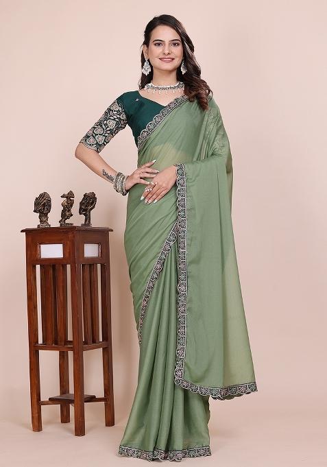 Dusty Pista Embroidered Georgette Saree Set