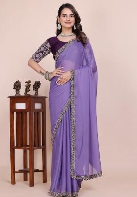 Purple Embroidered Georgette Saree Set