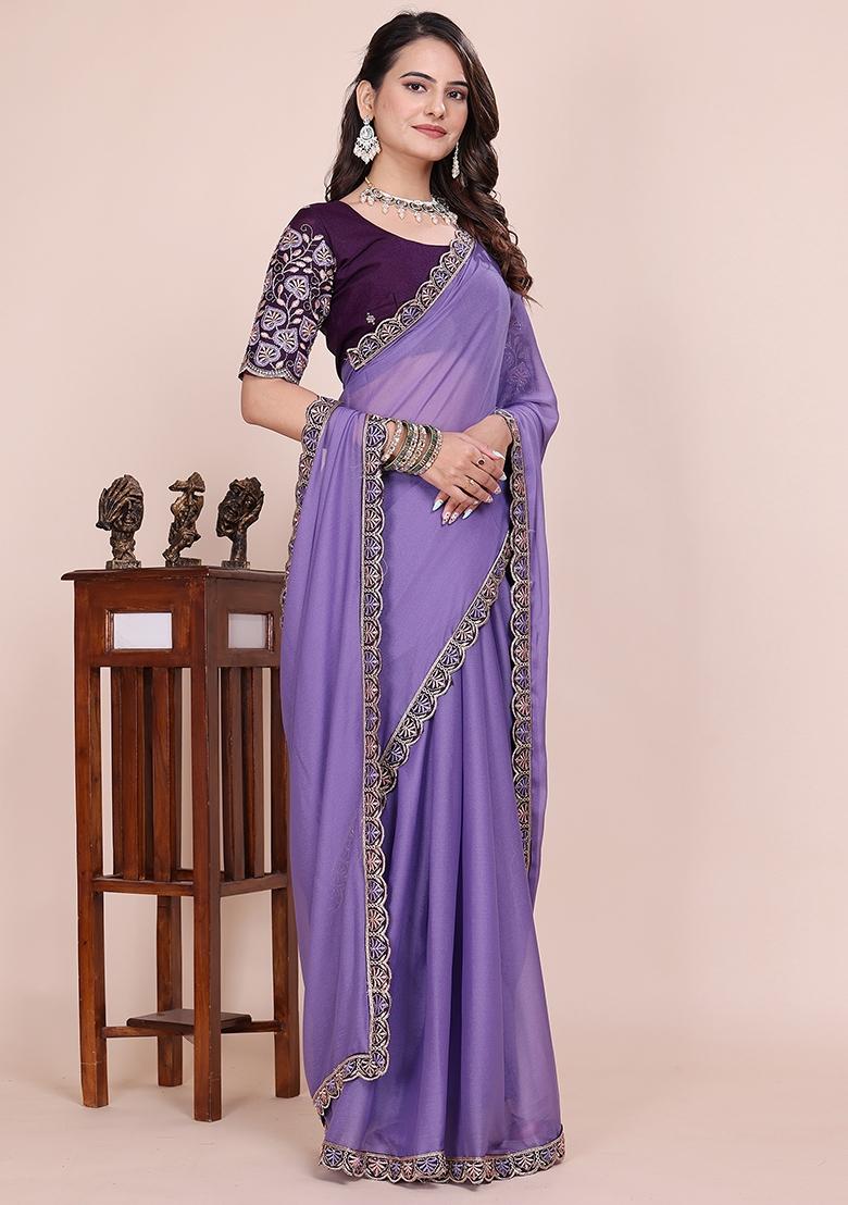 Purple Embroidered Georgette Saree Set