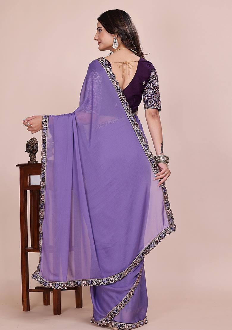 Purple Embroidered Georgette Saree Set