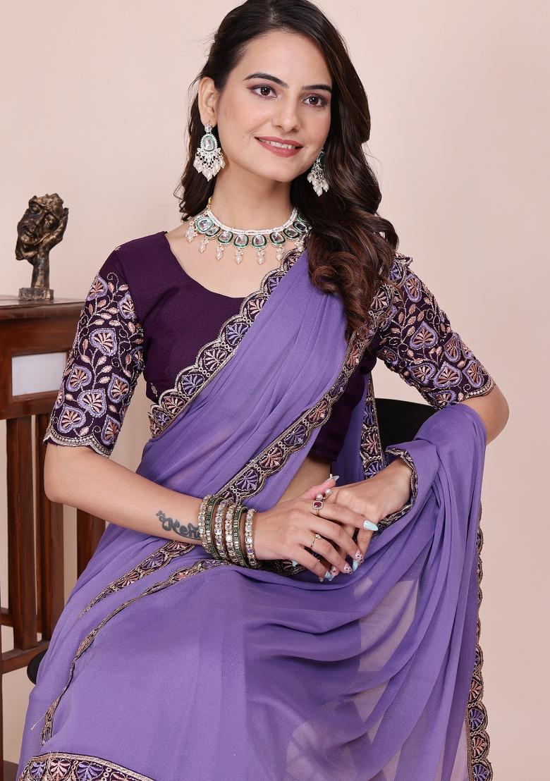 Purple Embroidered Georgette Saree Set