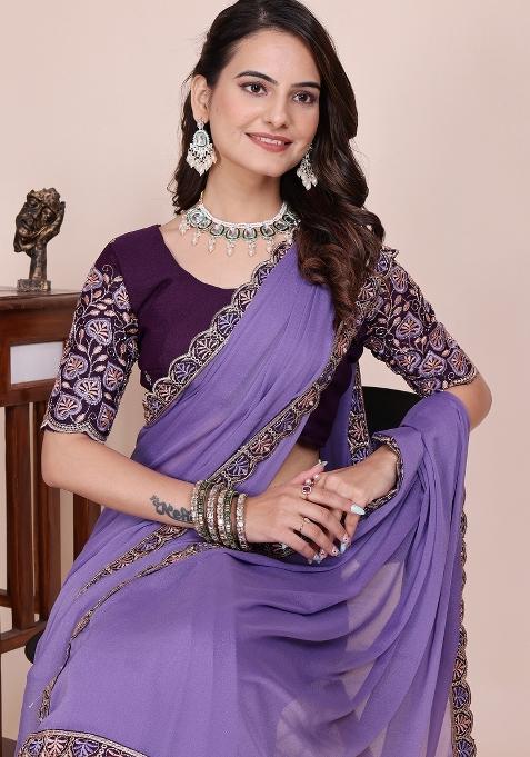 Purple Embroidered Georgette Saree Set