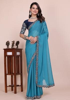 Dusty Sky Embroidered Georgette Saree Set