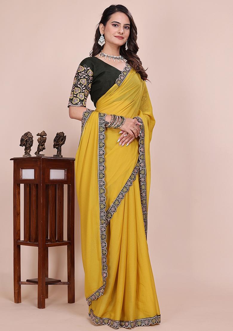 Dusty Yellow Embroidered Georgette Saree Set - Indya