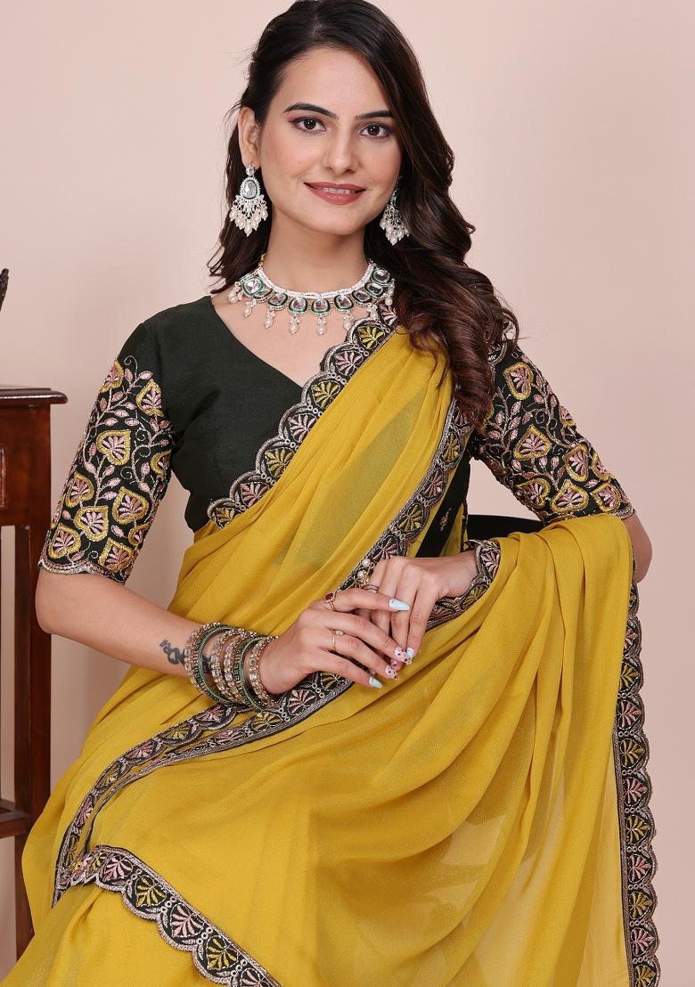 Dusty Yellow Embroidered Georgette Saree Set - Indya