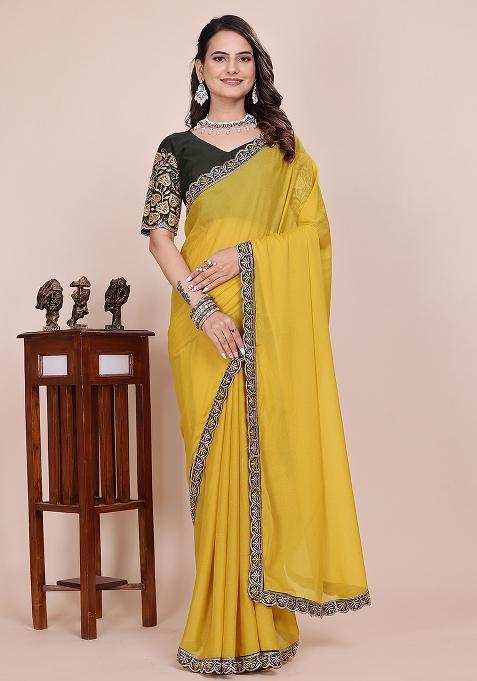 Dusty Yellow Embroidered Georgette Saree Set