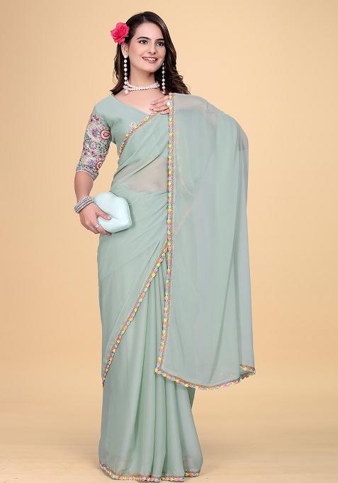 Pista Embroidered Georgette Saree Set
