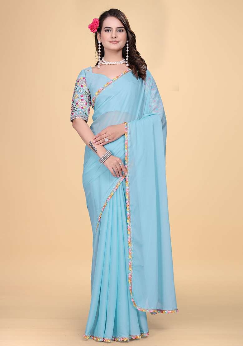 Sky Embroidered Georgette Saree Set - Indya
