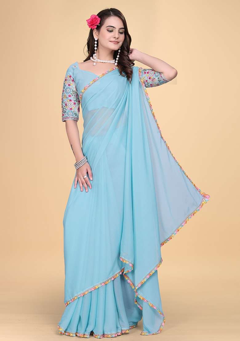 Sky Embroidered Georgette Saree Set - Indya