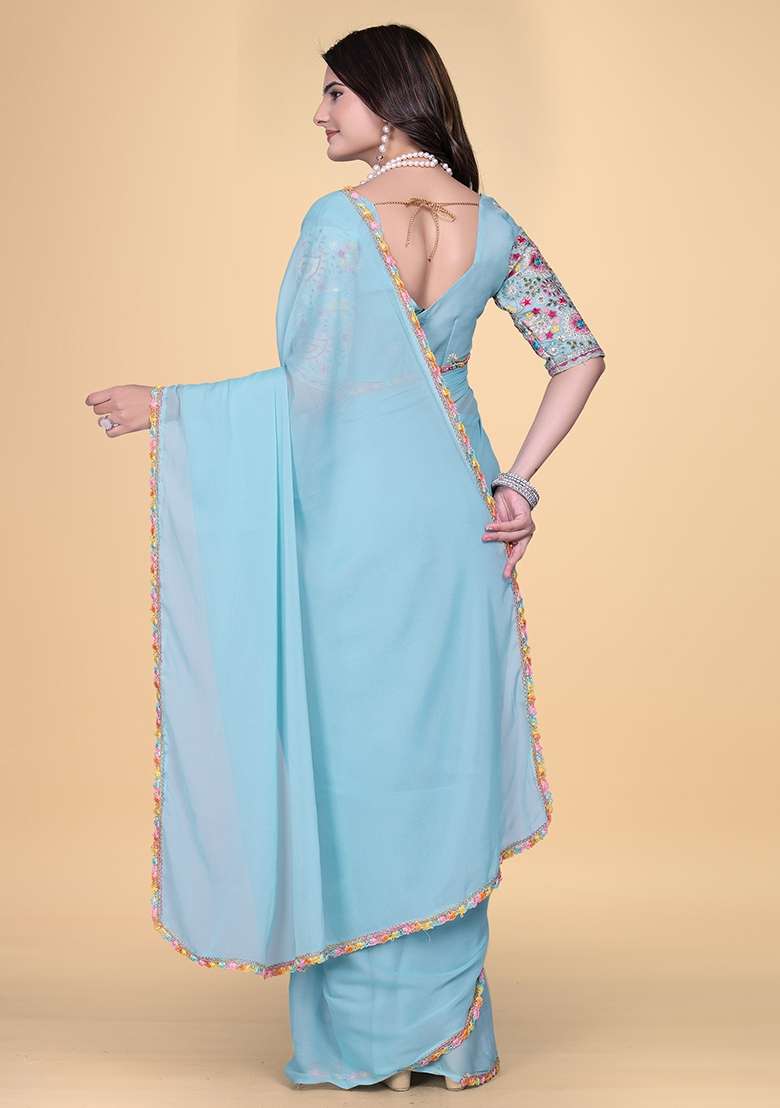Sky Embroidered Georgette Saree Set - Indya