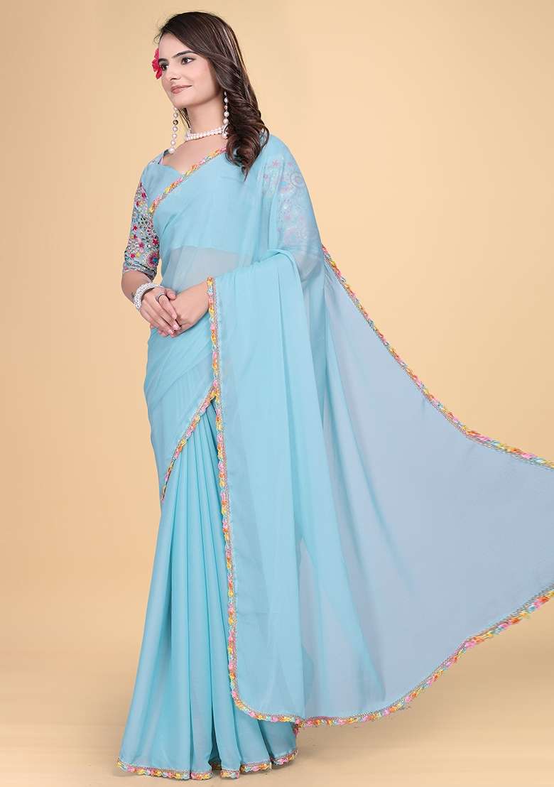 Sky Embroidered Georgette Saree Set - Indya