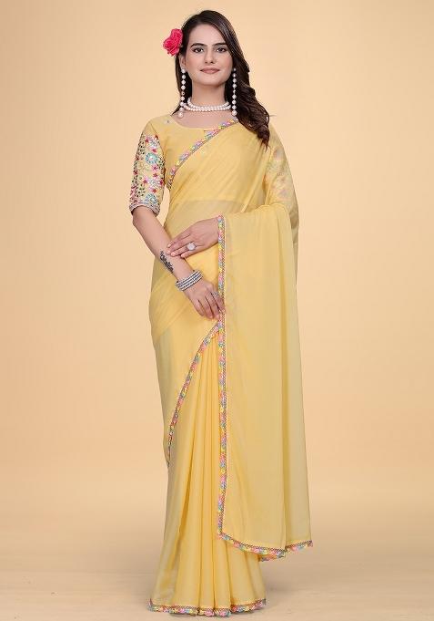 Yellow Embroidered Georgette Saree Set