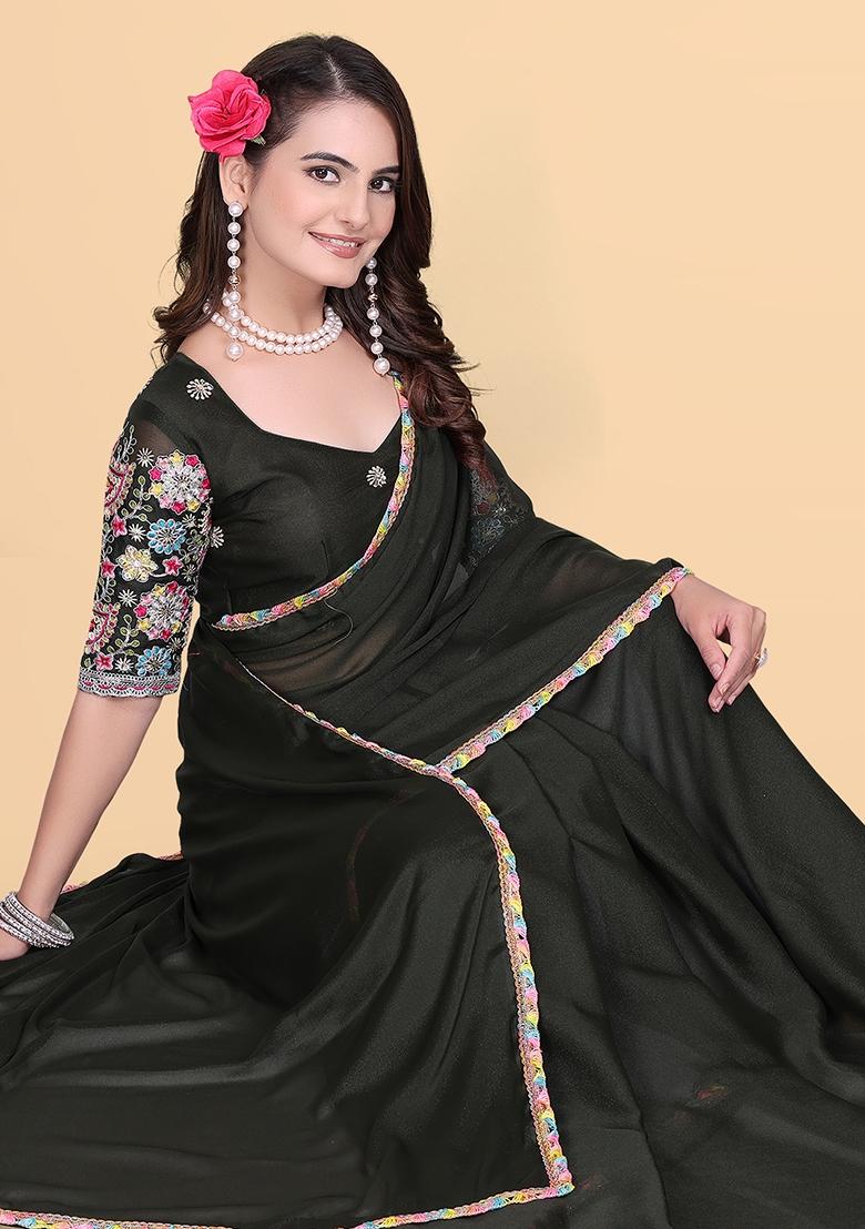 Green Embroidered Georgette Saree Set - Indya