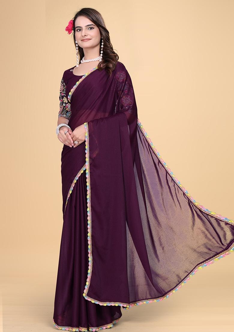 Wine Embroidered Georgette Saree Set
