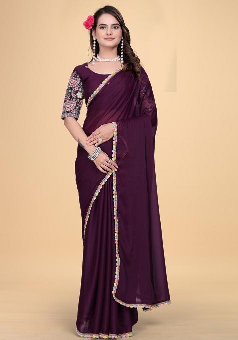 Wine Embroidered Georgette Saree Set