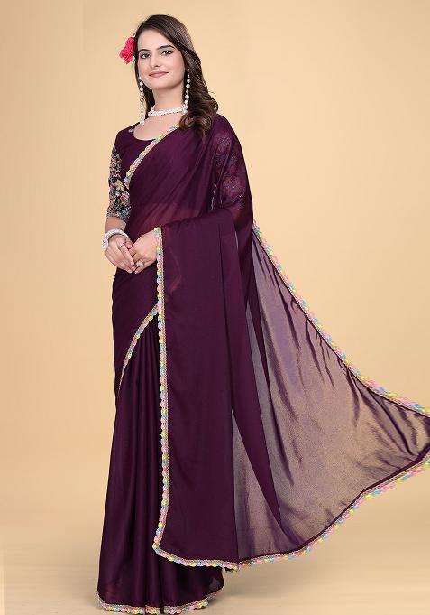 Wine Embroidered Georgette Saree Set